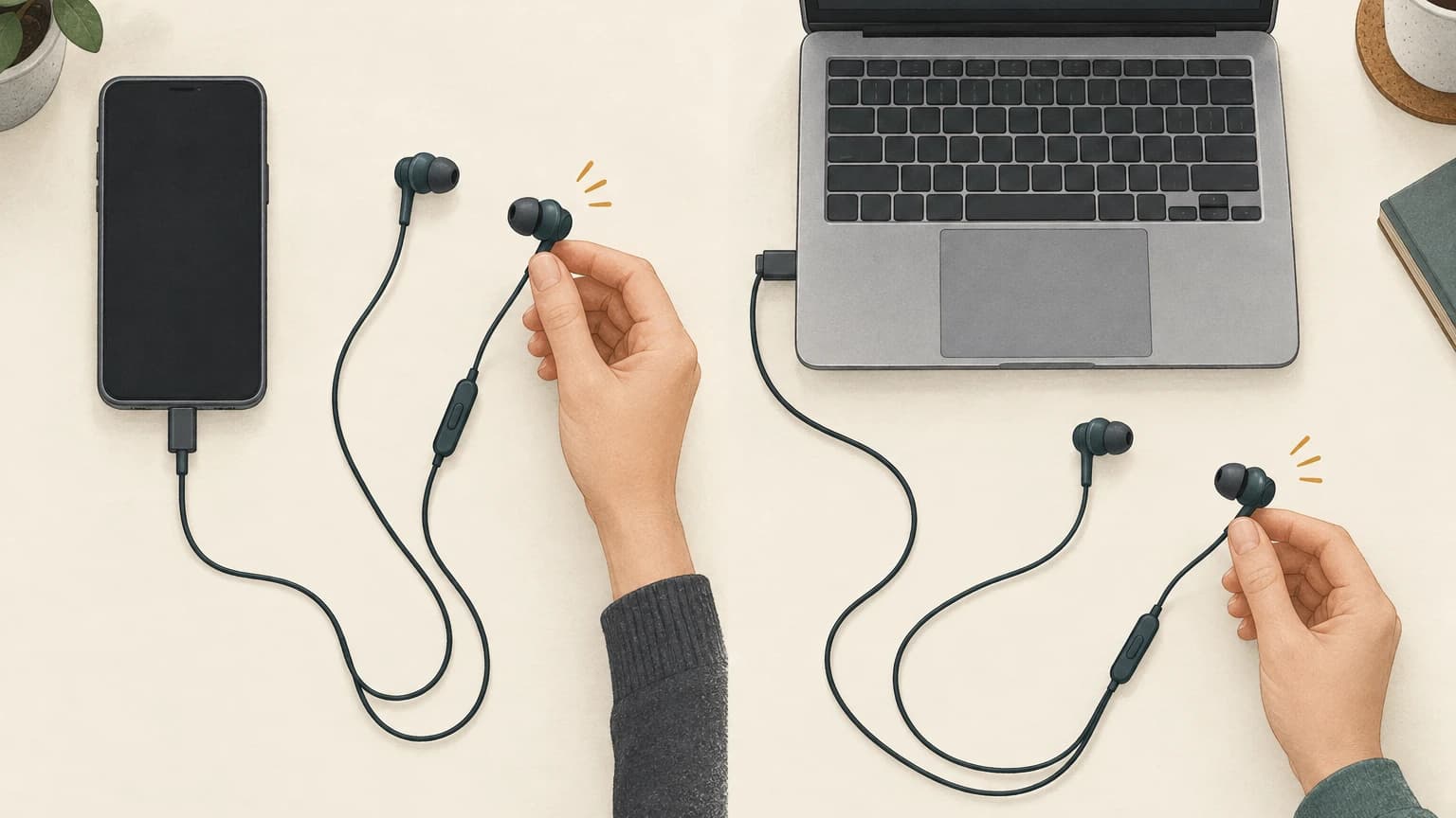 위에서 내려다본 책상에 스마트폰과 노트북이 따로 놓여 있고, 각각 USB-C 유선 이어폰이 연결돼 있다. 두 장면에서 손이 이어버드 하나를 집어 들고 있다.